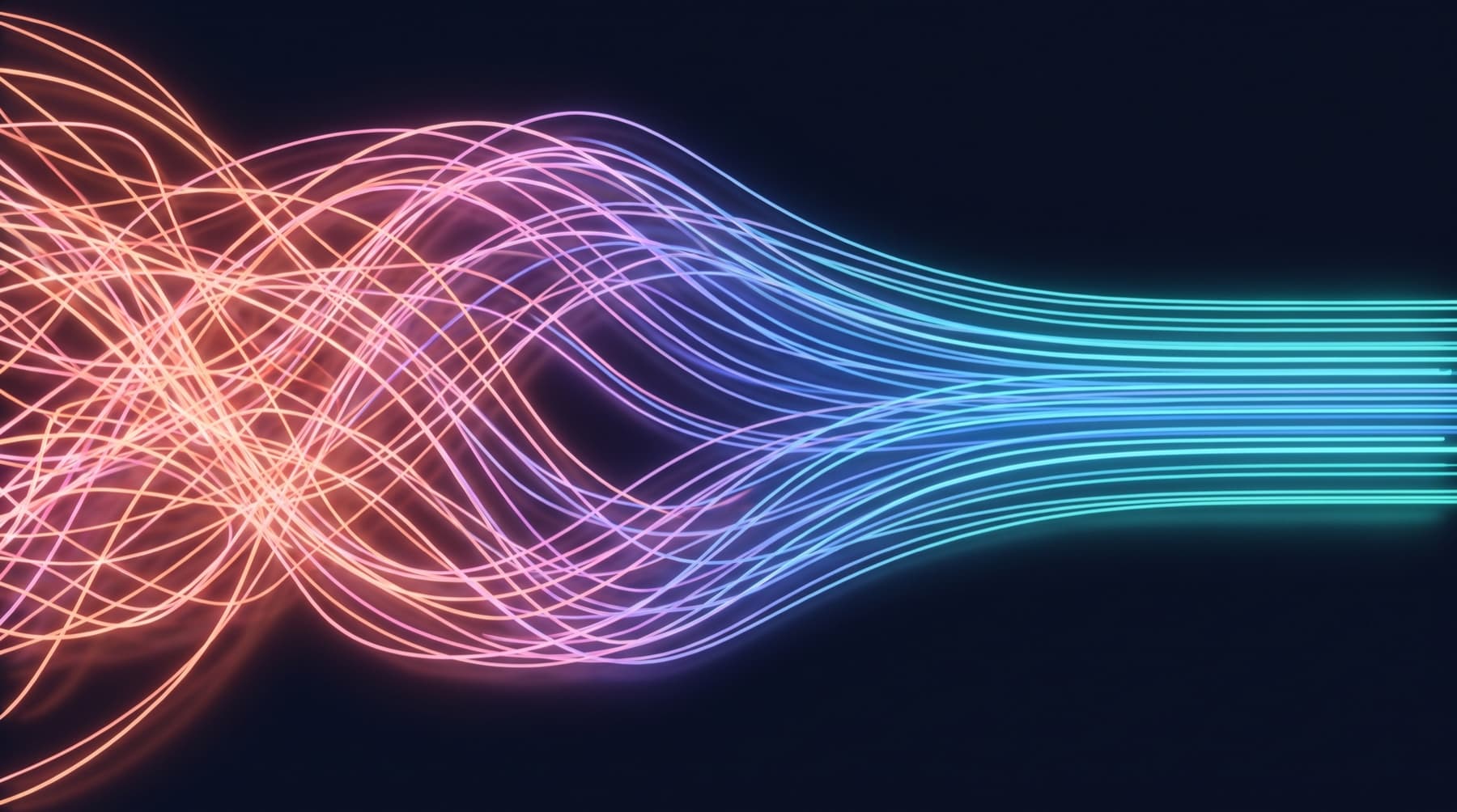 Abstract visual: tangled strands of light on the left resolving into clean, ordered streams on the right